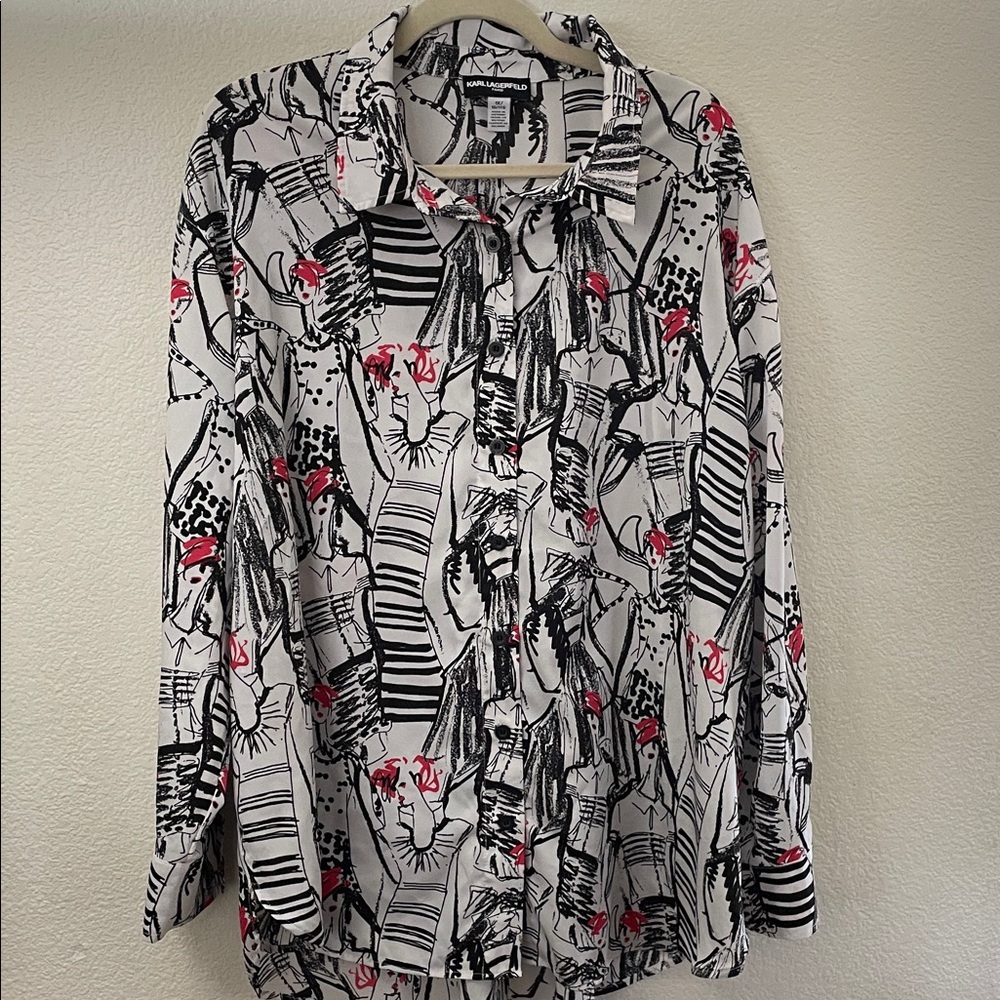 Karl Lagerfeld Black, White & Red Illustrated 20’s models Button-Up Shirt XL